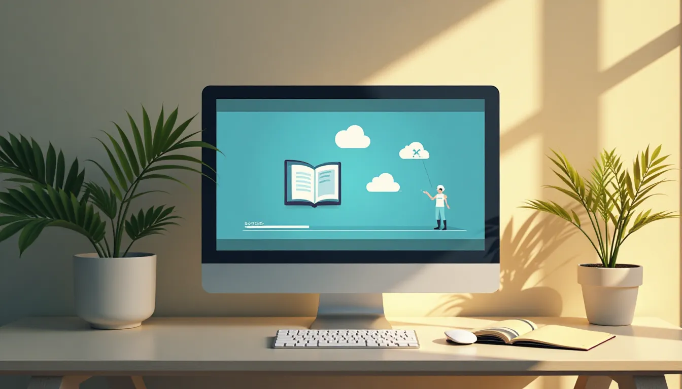 Computador moderno em mesa com planta, exibindo uma animação sobre aprendizado online com um livro aberto e ícones na tela.