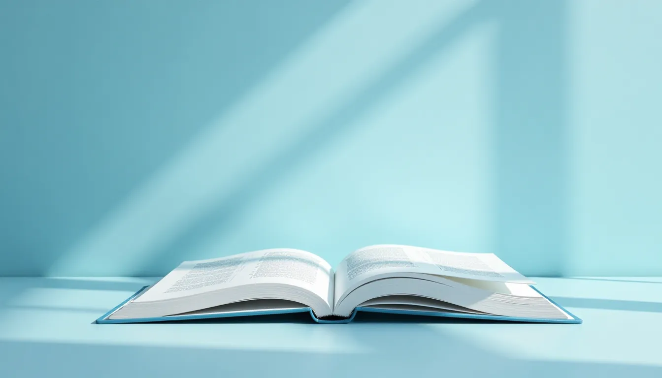 Livro aberto sobre uma superfície azul, com luz suave refletindo nas páginas, criando um ambiente calmo e convidativo para leitura.