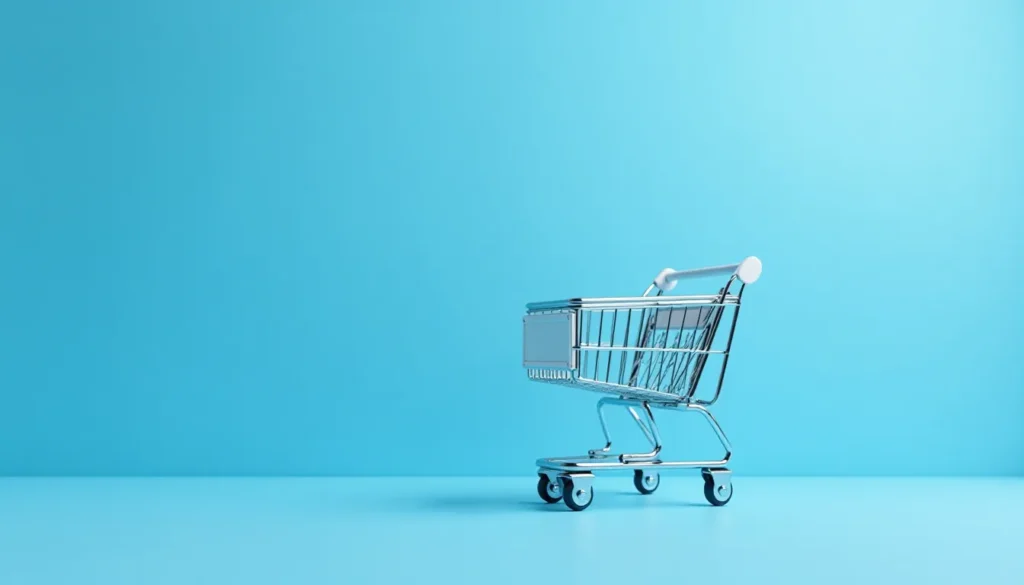 Carrinho de compras prateado em fundo azul, representando compras online e e-commerce.