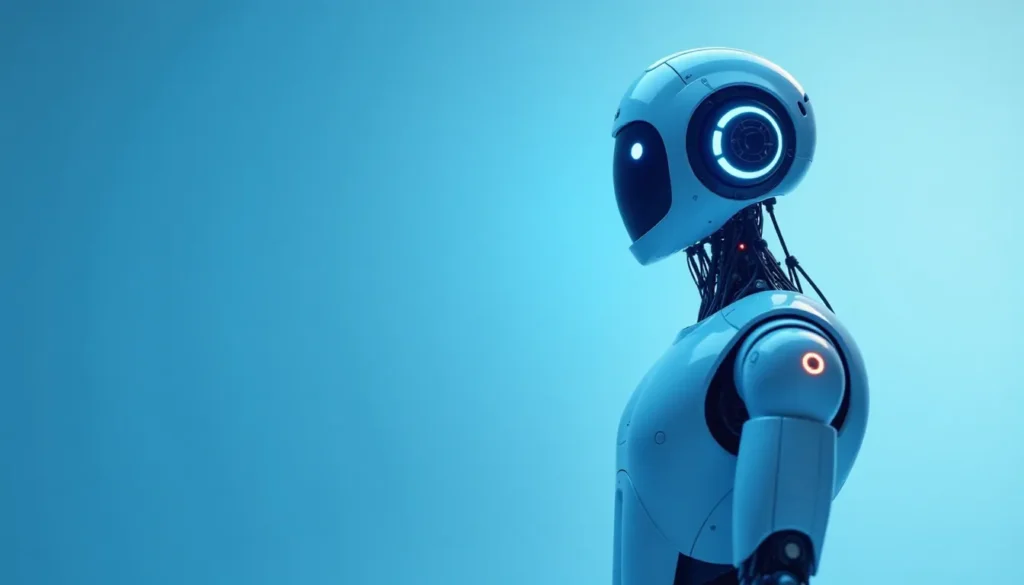 Robô futurista com design elegante e iluminação azul, destacando a tecnologia avançada em robótica. Fundo azul claro.
