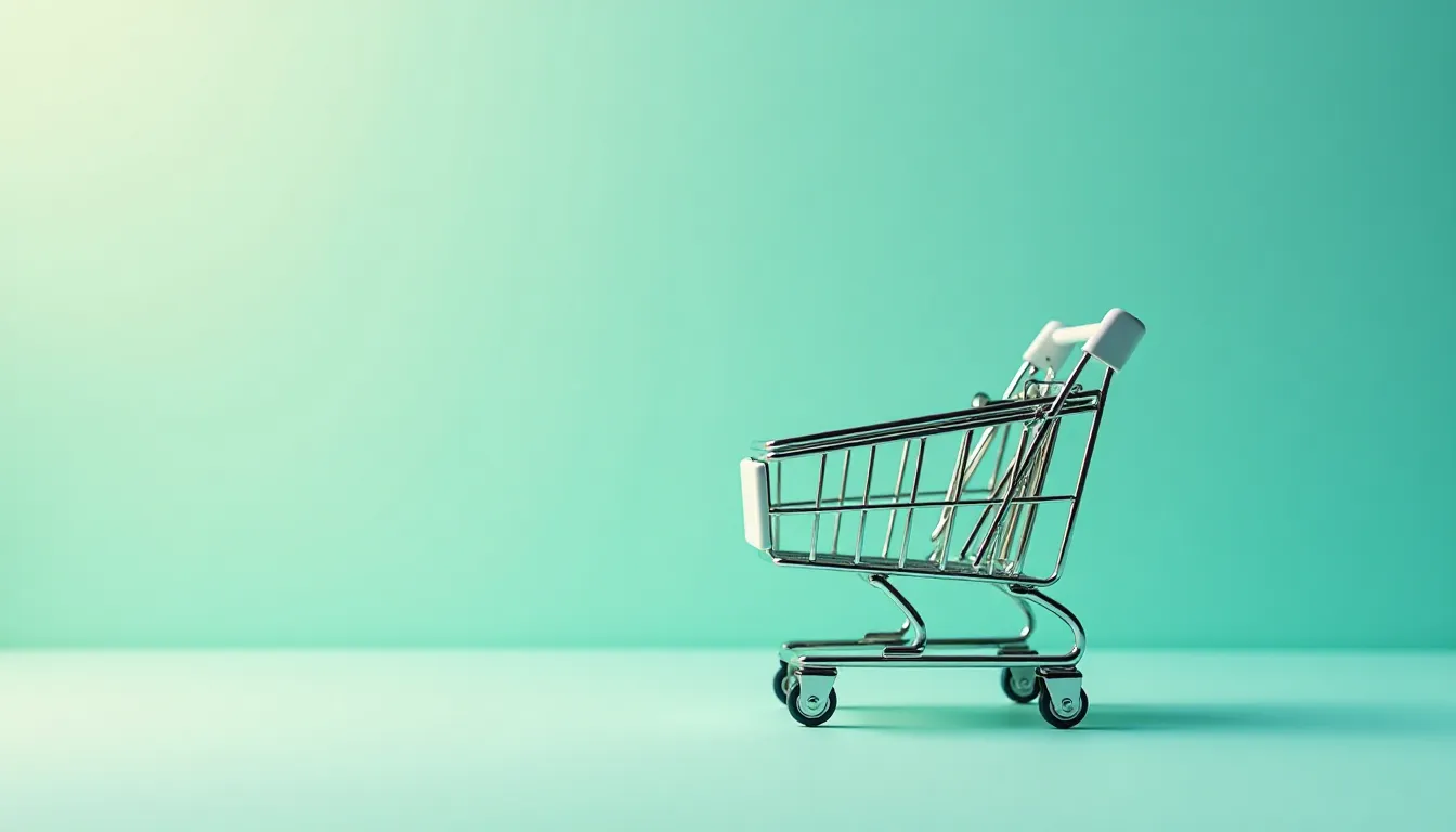 Carrinho de compras metálico em um fundo verde suave, simbolizando compras e comércio eletrônico.
