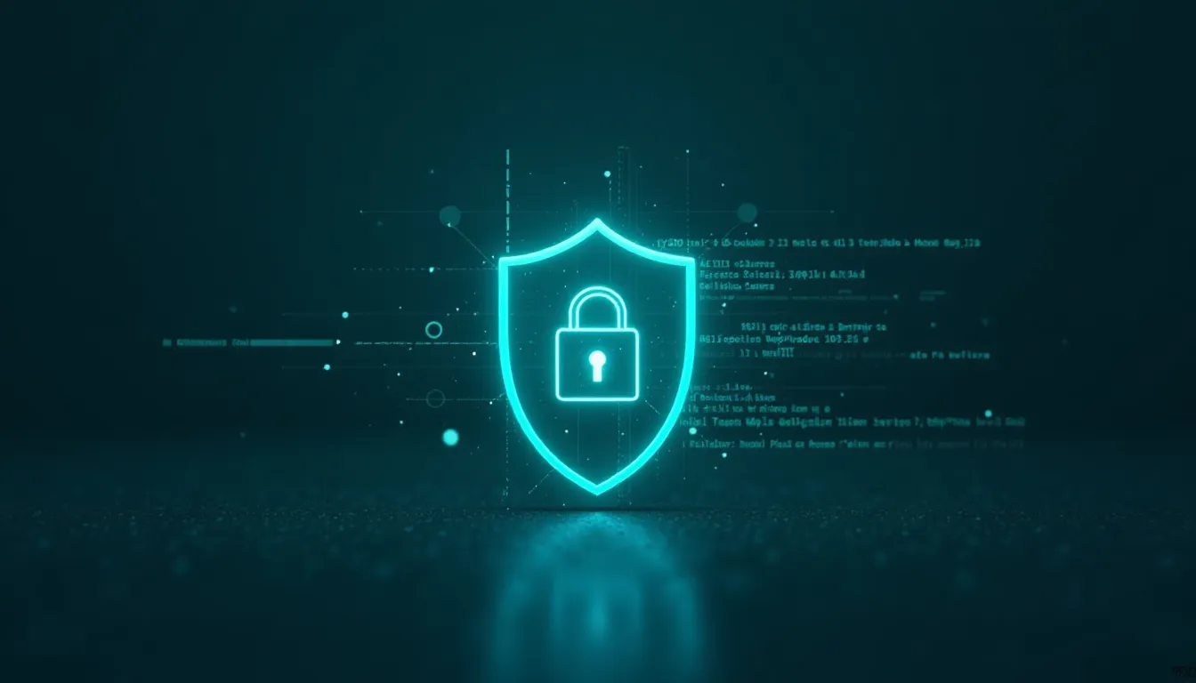 Imagem ilustrativa de um escudo digital com um cadeado, simbolizando segurança cibernética, com fundo tecnológico e códigos digitais, representando proteção de dados e privacidade.