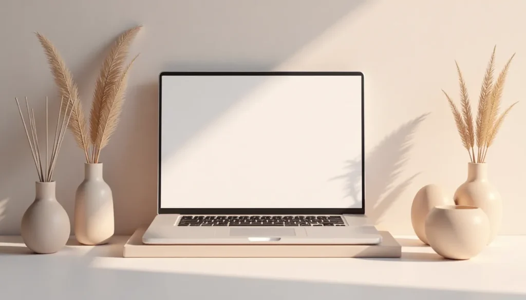 Laptop moderno sobre uma mesa branca, com tela em branco, cercado por vasos minimalistas com plantas secas, criando um ambiente de trabalho elegante e clean.