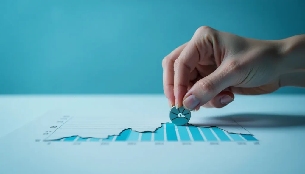 Mão feminina colocando uma moeda em cima de um gráfico em barras, simbolizando investimentos e crescimento financeiro em fundo azul.