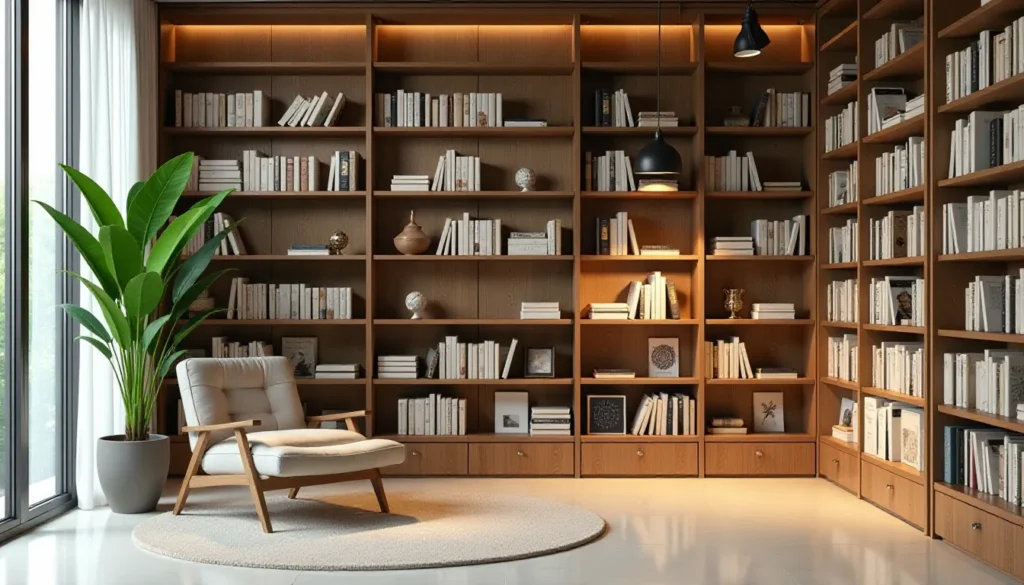 Ambiente de leitura moderno com estantes de madeira cheias de livros brancos, poltrona confortável e planta verde, criando um espaço aconchegante e iluminado para estudo ou relaxamento.