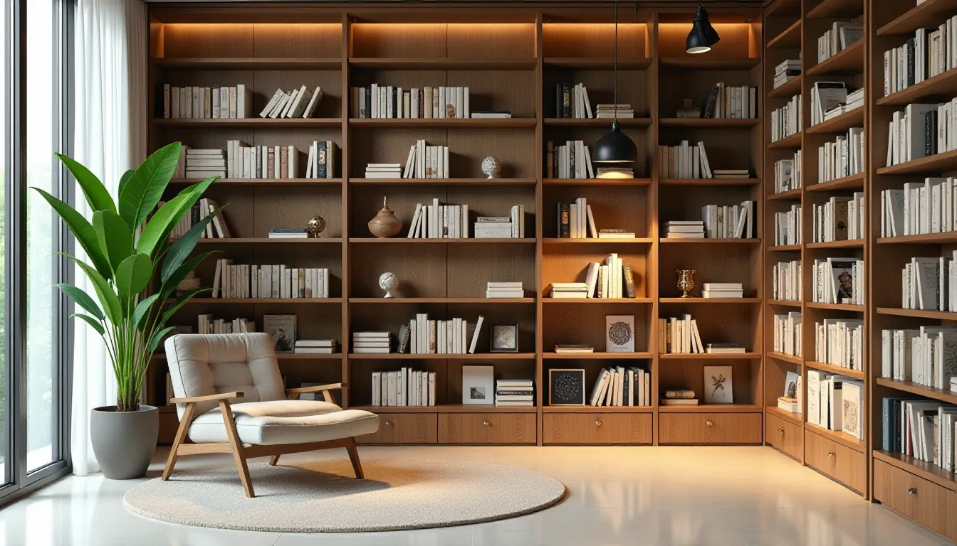 Ambiente de leitura moderno com estantes de madeira cheias de livros brancos, poltrona confortável e planta verde, criando um espaço aconchegante e iluminado para estudo ou relaxamento.