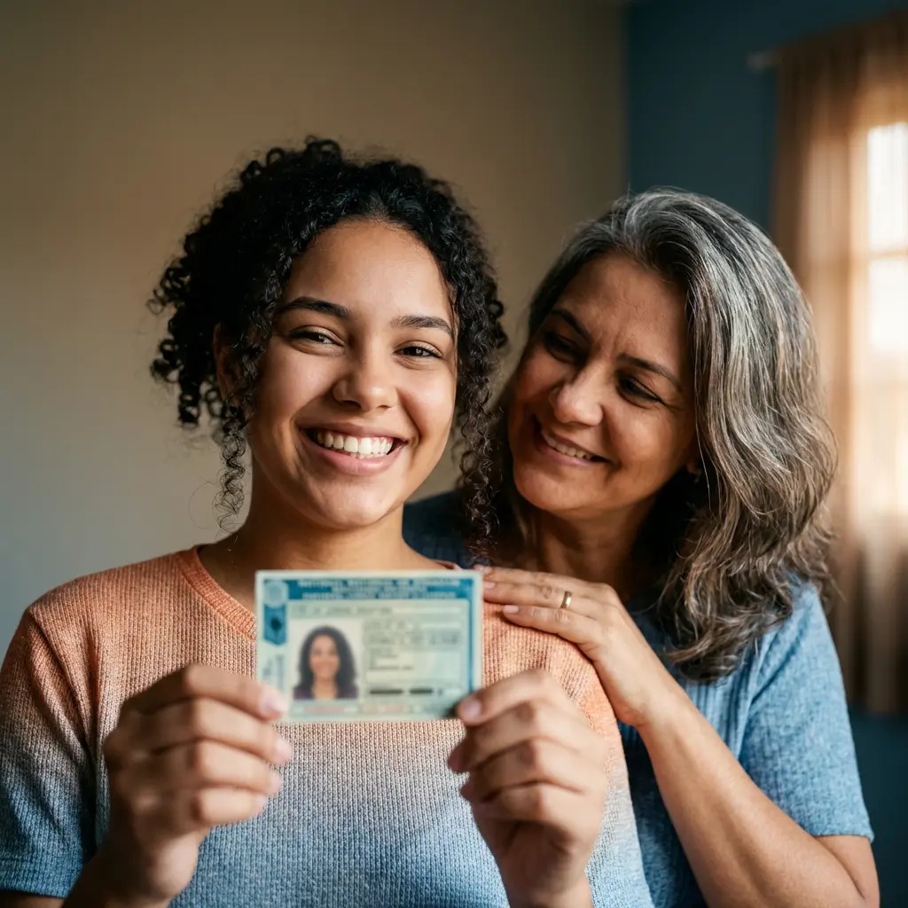 Jovem sorridente segurando sua carteira de identidade, com uma mulher mais velha ao fundo demonstrando orgulho e carinho. A imagem retrata um momento de conquista e celebração familiar.